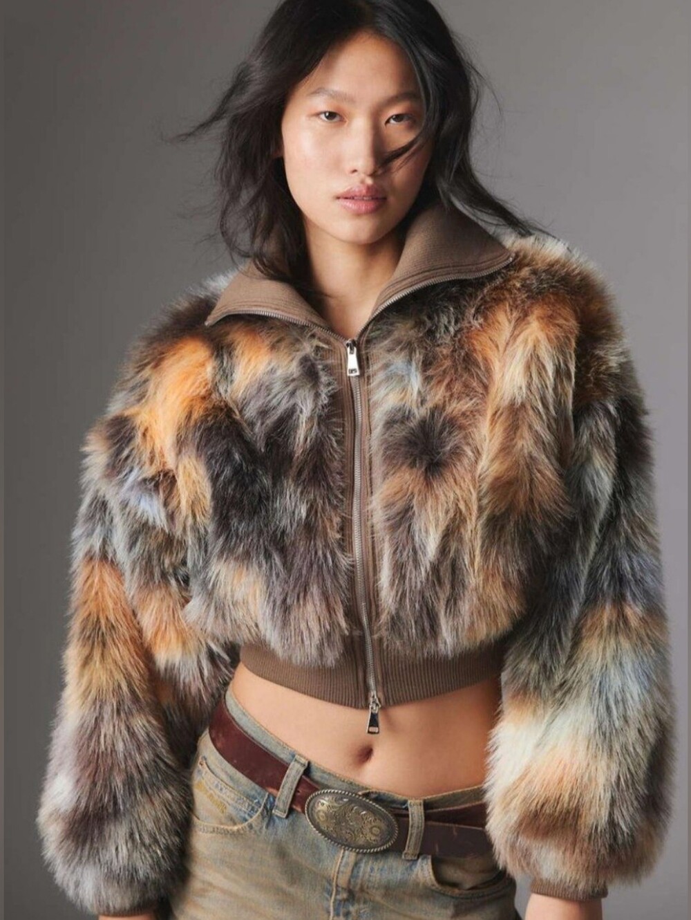 silence + noise Portia Faux Fur Cropped Jacket in Brown & Gray Women's Size S